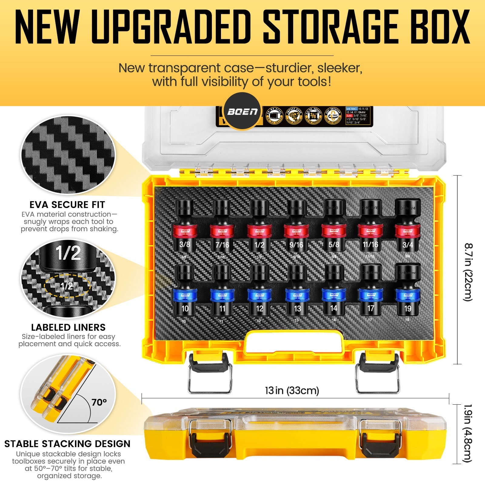 14 PCS 3/8″ Drive Impact Swivel Socket set, Metric (10-19mm) & SAE (3/8″- 3/4″)