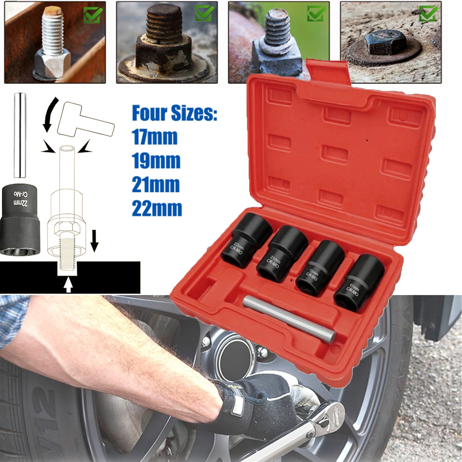 5Pc Wheel Lug Nut Remover 1/2″ Drive Twist Socket Kit Remove Damaged Locked Nut