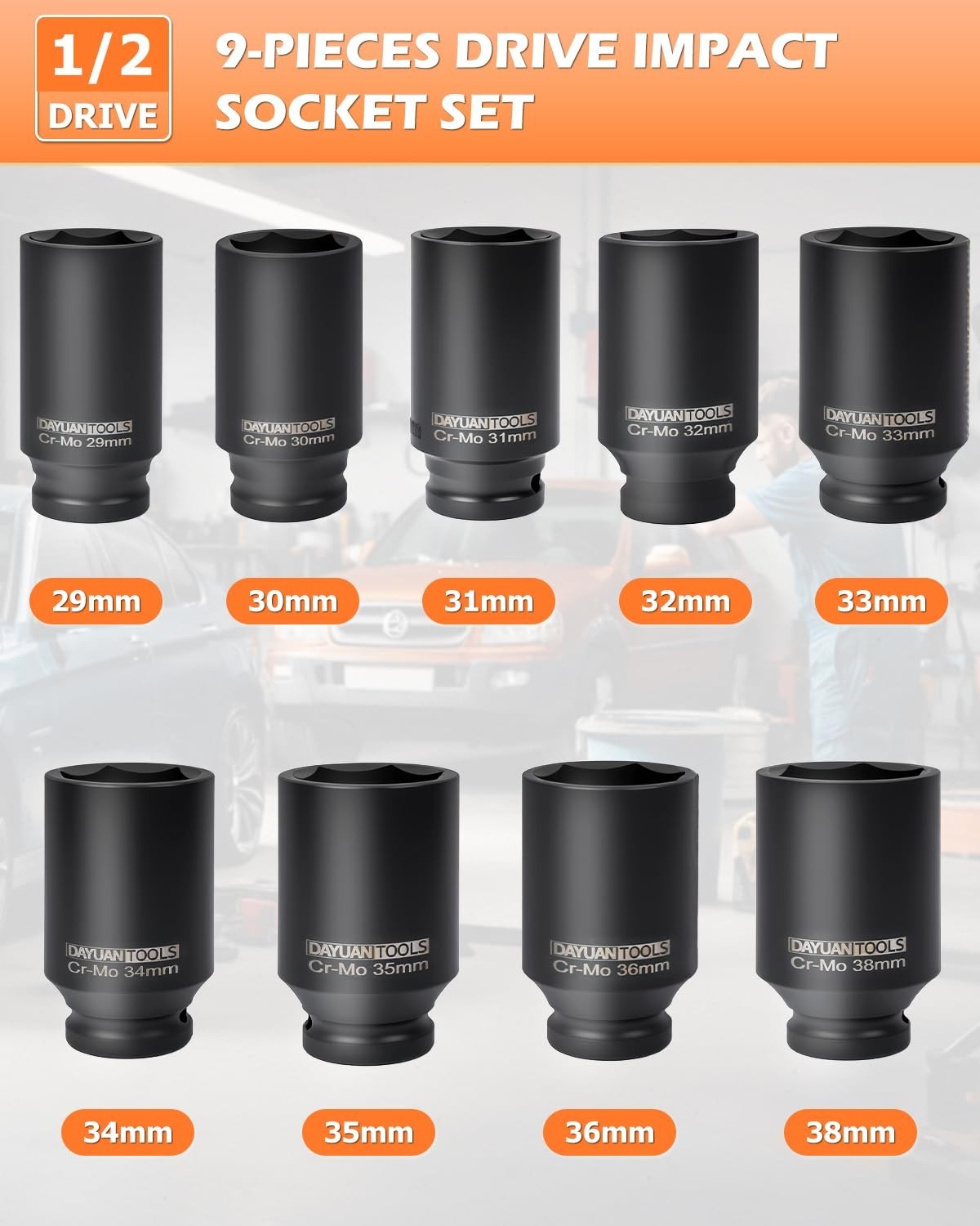 9 Pcs Axle Nut Impact Socket Set 1/2″ Drive 29-38mm Hub Tool Kit for Mechanics