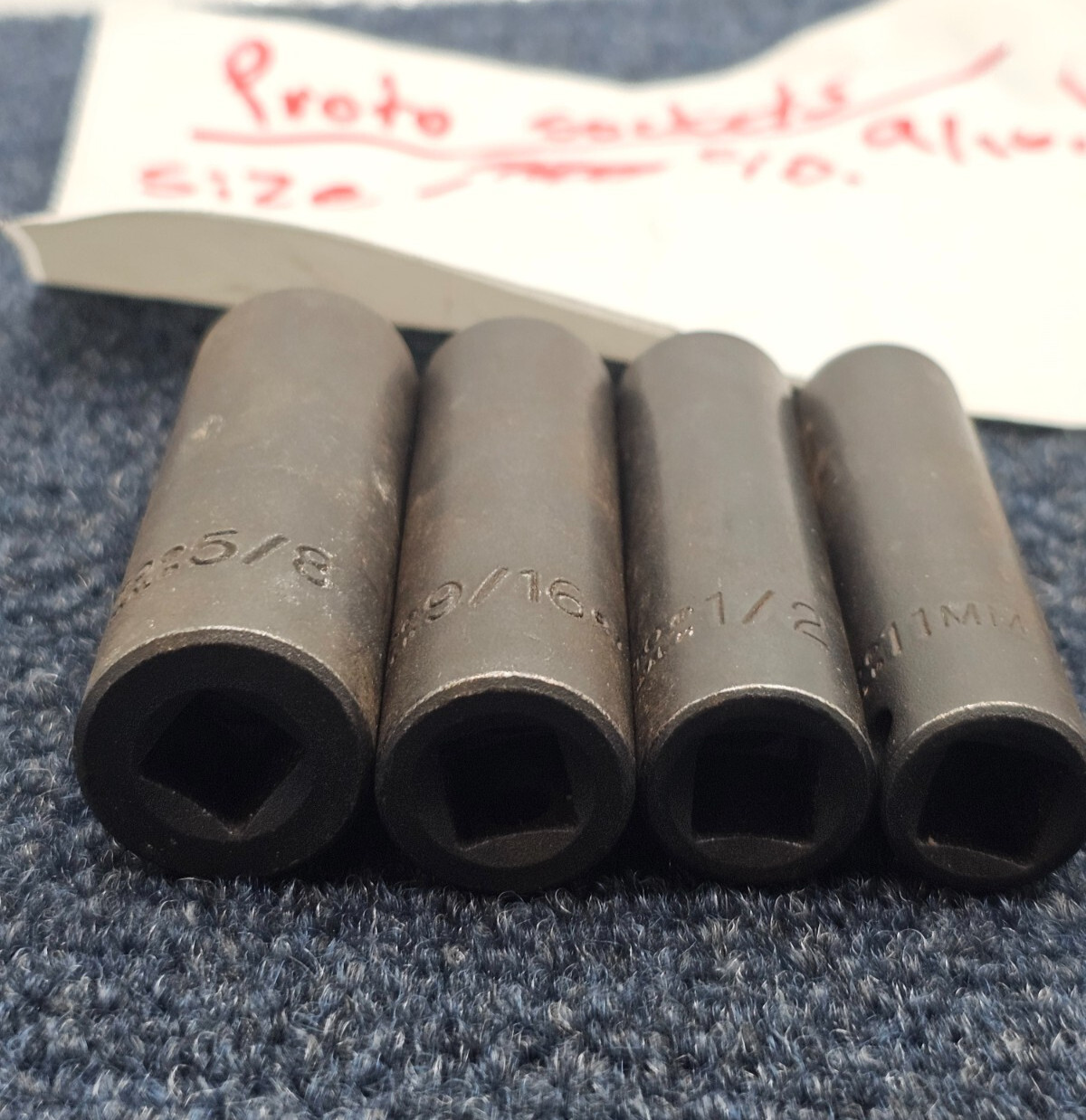 (QTY 4) Proto 3/8″ Drive Deep Impact Sockets 5/8, 9/16, 11mm, 1/2″