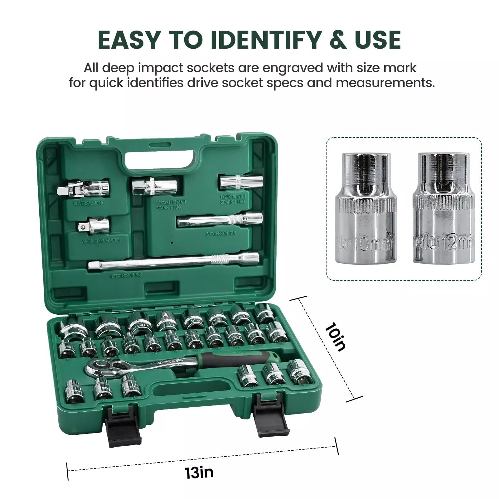 Metric 32Pcs 1/2″ Drive Socket Set 8-32mm Sockets 6/12 Point Ratchet Wrench Kit