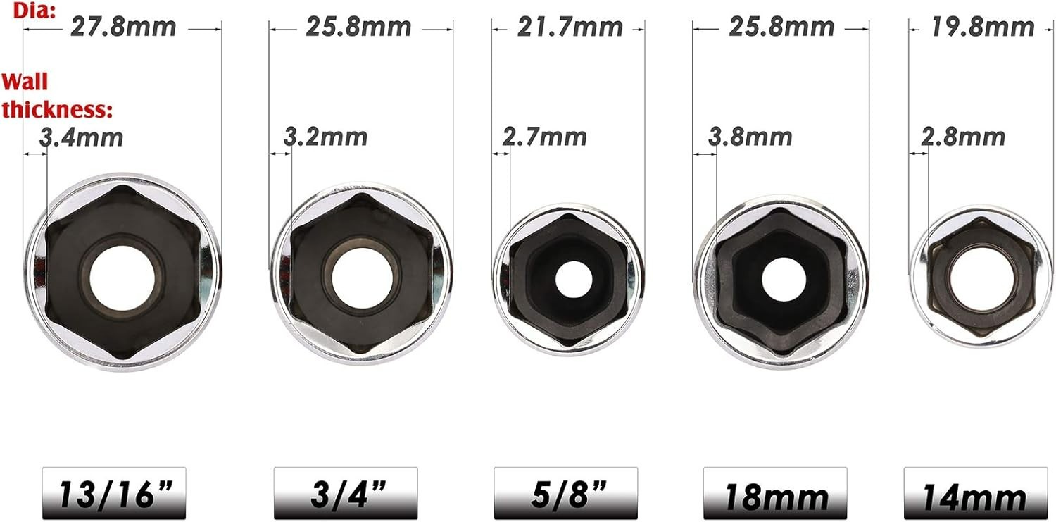Complete 3/8-Inch Drive 5-Piece Spark Plug Socket Set with Anti-Round Technology