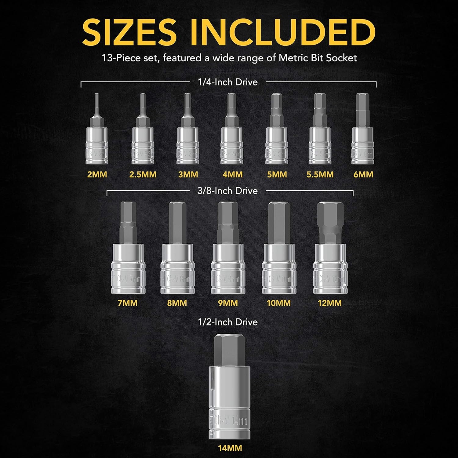 Polished Hex Bit Socket Set in Metric Sizes with Rust and Corrosion Resistance