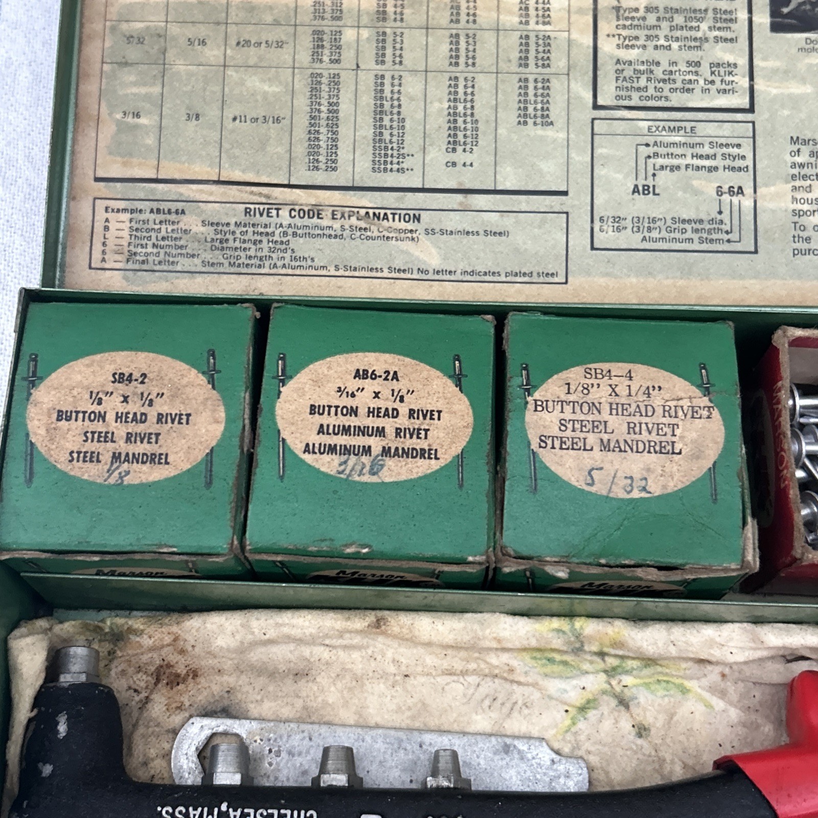 Marson Rivet Tool HP-2 No 200 Kit Riveter Klik-Fast Metal Box Rivets Instruction