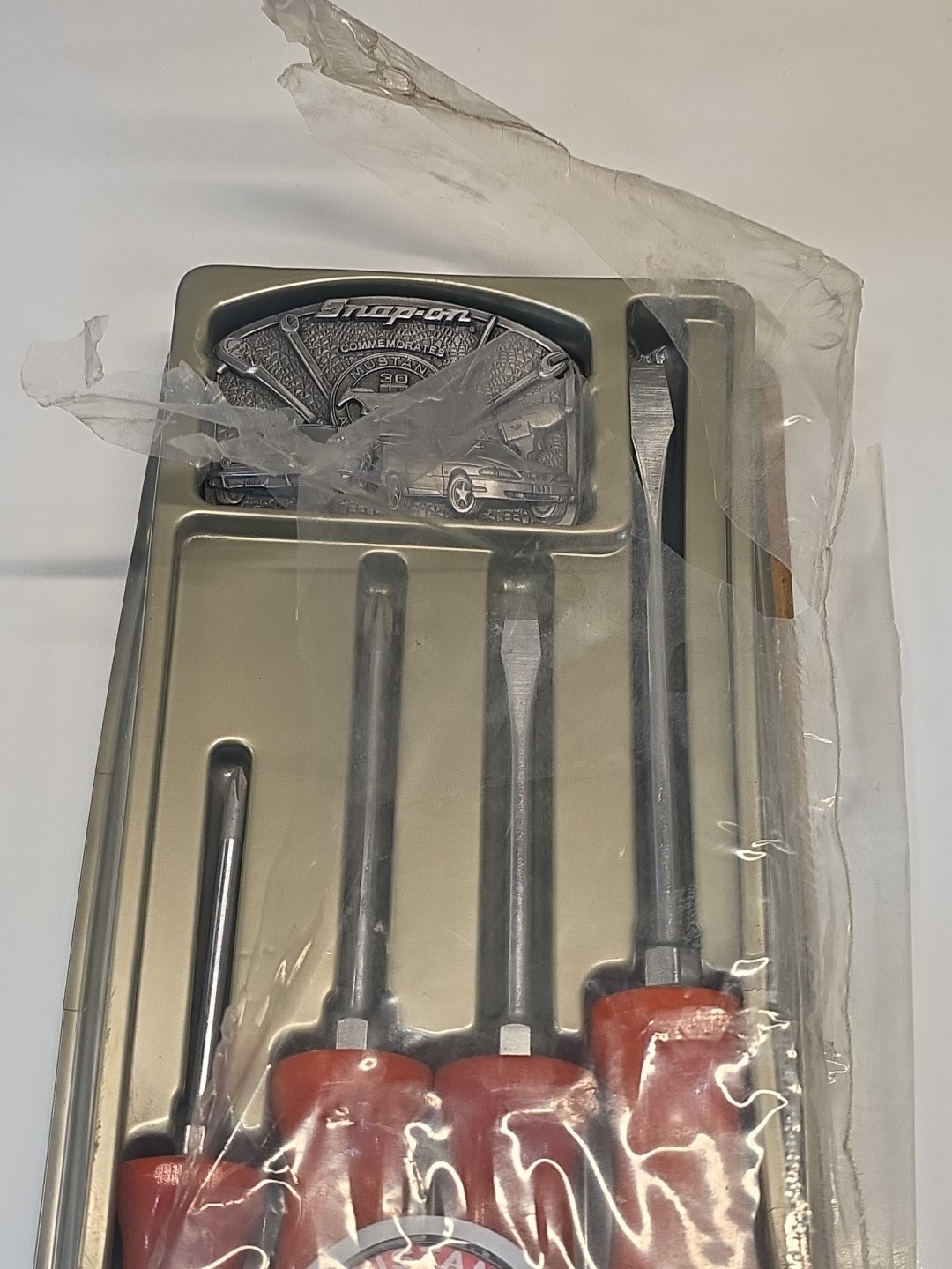 Snap On Mustang 30th Anniversary 4 piece Red Screwdriver Set and Belt Buckle