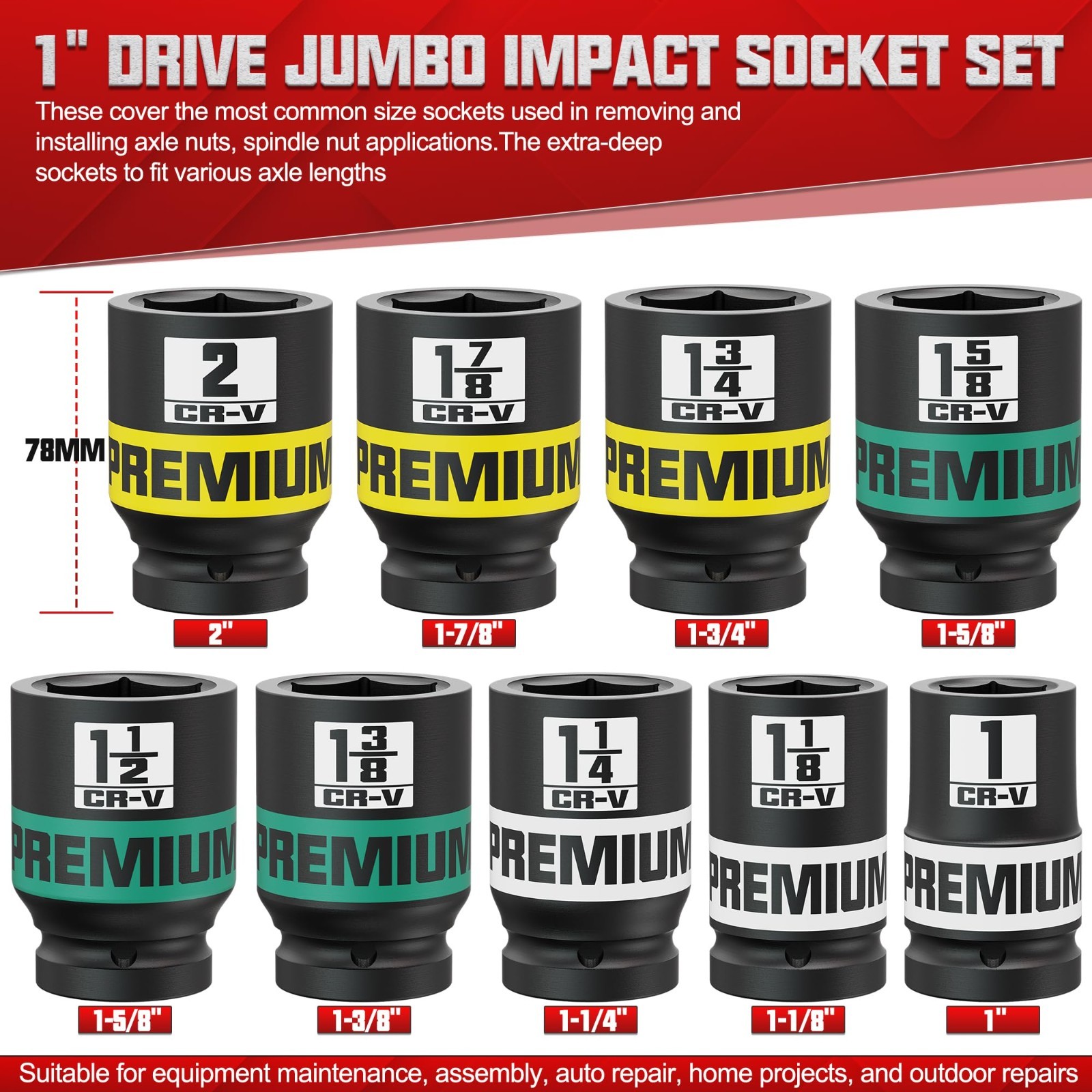 9-Piece 1″ Drive Jumbo Impact Socket Set, SAE Axle Nut, Deep 6-Point Cr-V Steel