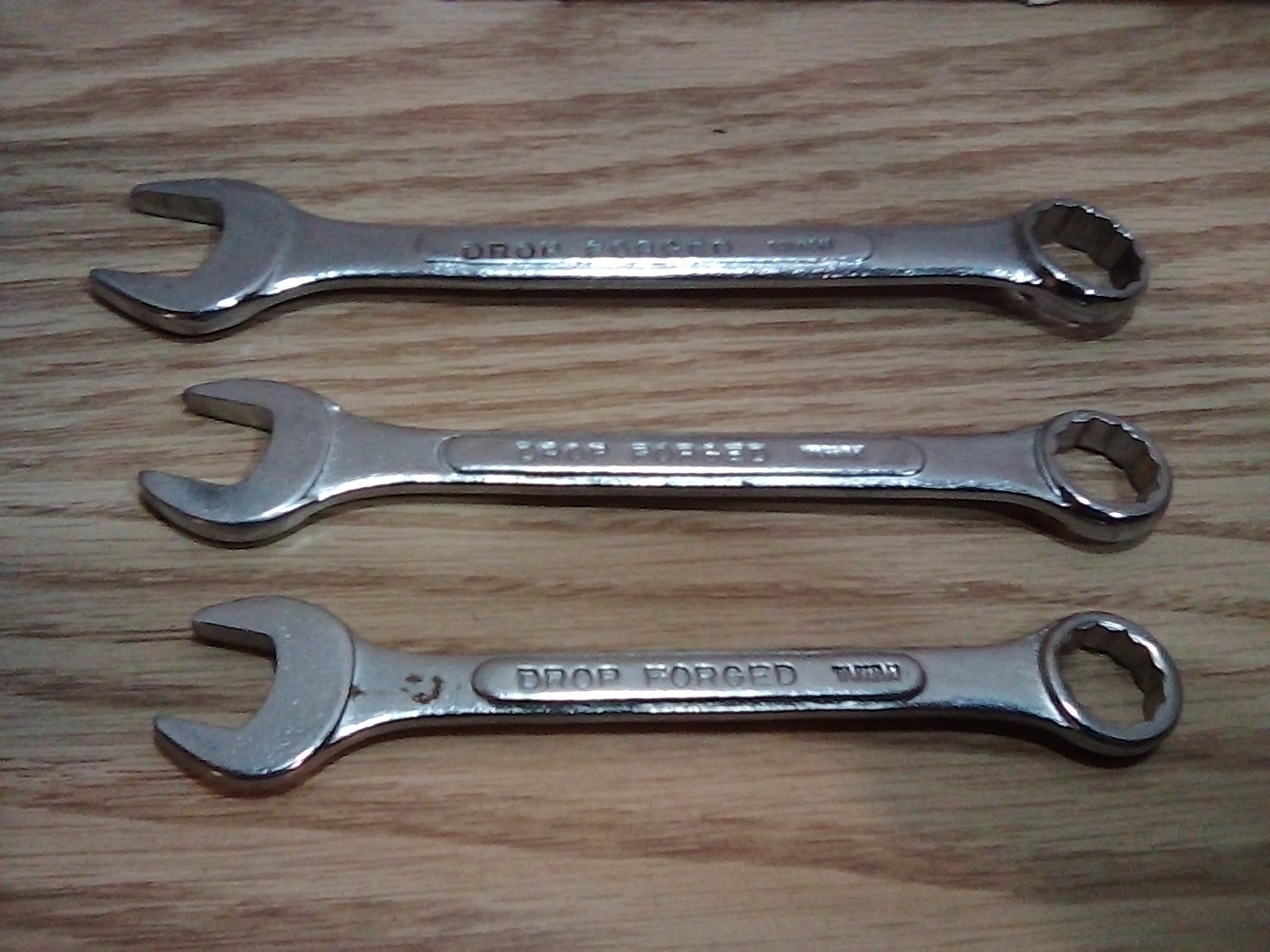 Three Drop Forge Taiwan Combination Wrenches 13mm 14mm and 17mm.