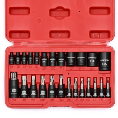 25-Piece Torx Bit & Socket Set – 13 Star Bits (T8-T60) + 12 E-Torx Sockets (E4-E
