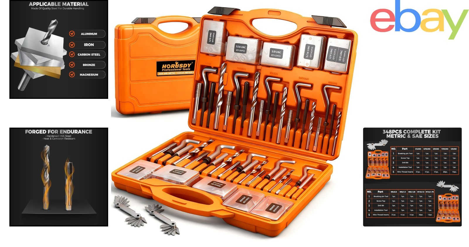 348-Piece Thread Repair Kit with HSS Drill Bits and Tools for Metal Restoration