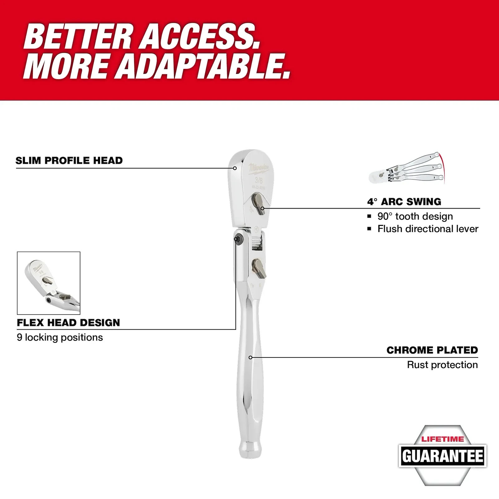 Milwaukee 3/8 Drive 9 Inch Flex Head Ratchet with Lifetime Warranty New