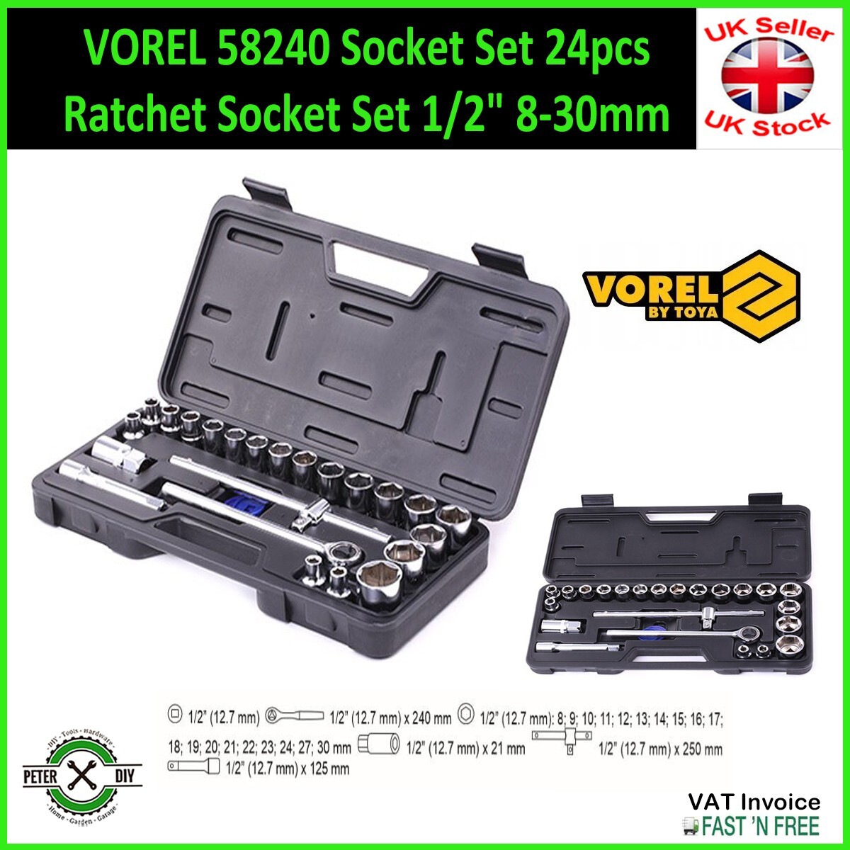 VOREL by Yato 58240 Socket Set Ratchet Sockets TOOLBOX 1/2″ 8-30mm 24pcs