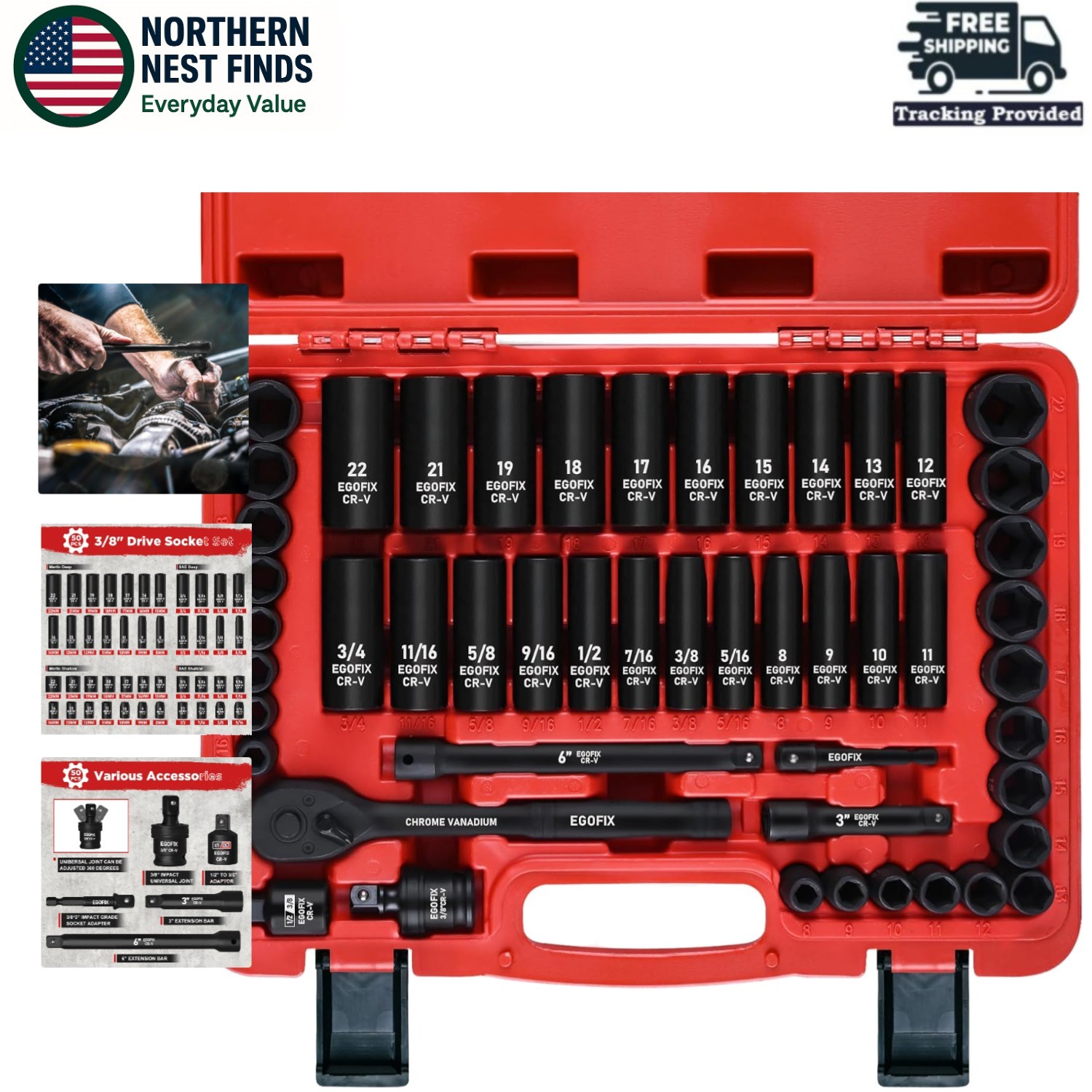 Complete 50-Piece Socket Set with Extension Bars and Impact Universal Joint