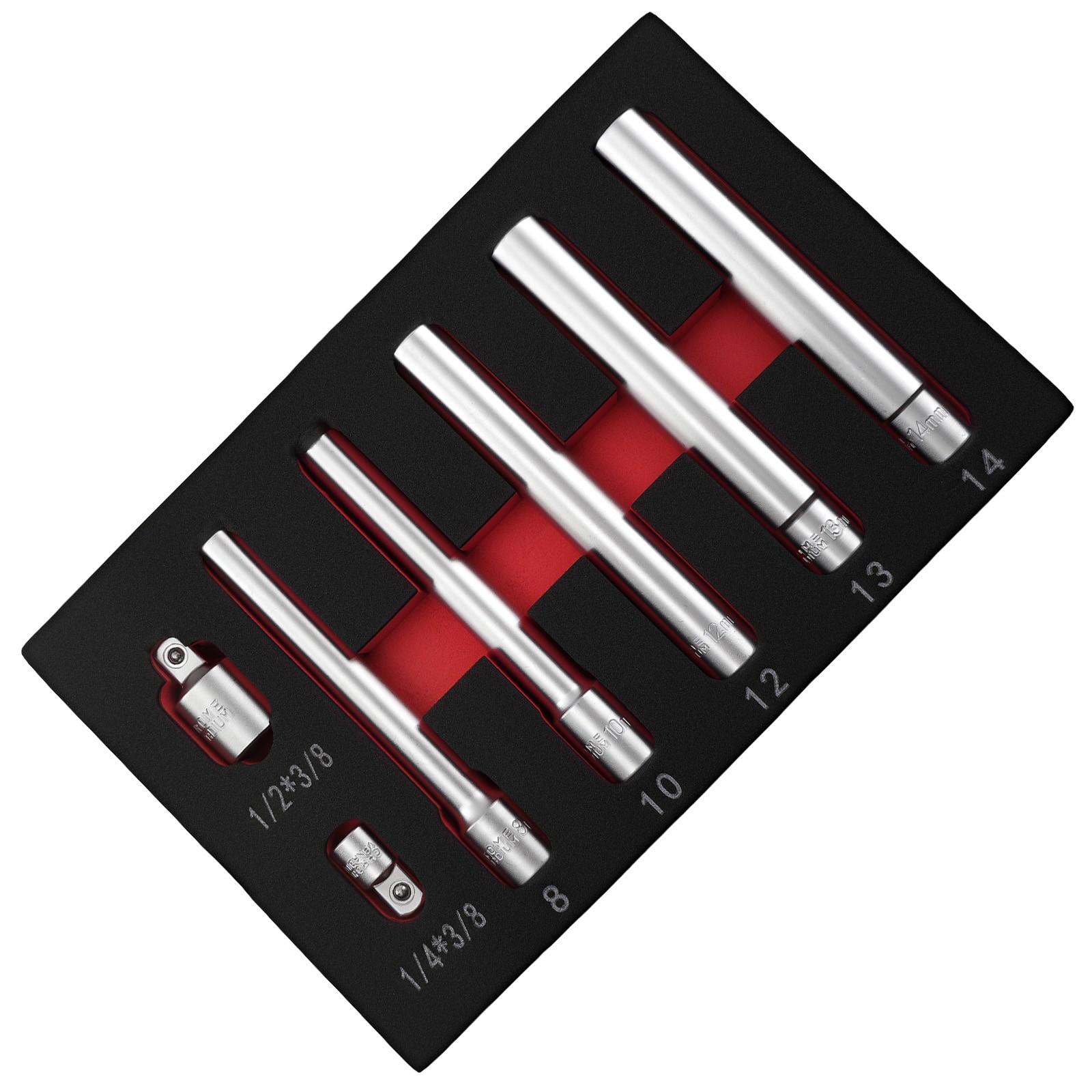 3/8in Drive Extra Deep Socket 8-14mm Long Reach CR-V 6 Point Set + Adaptors