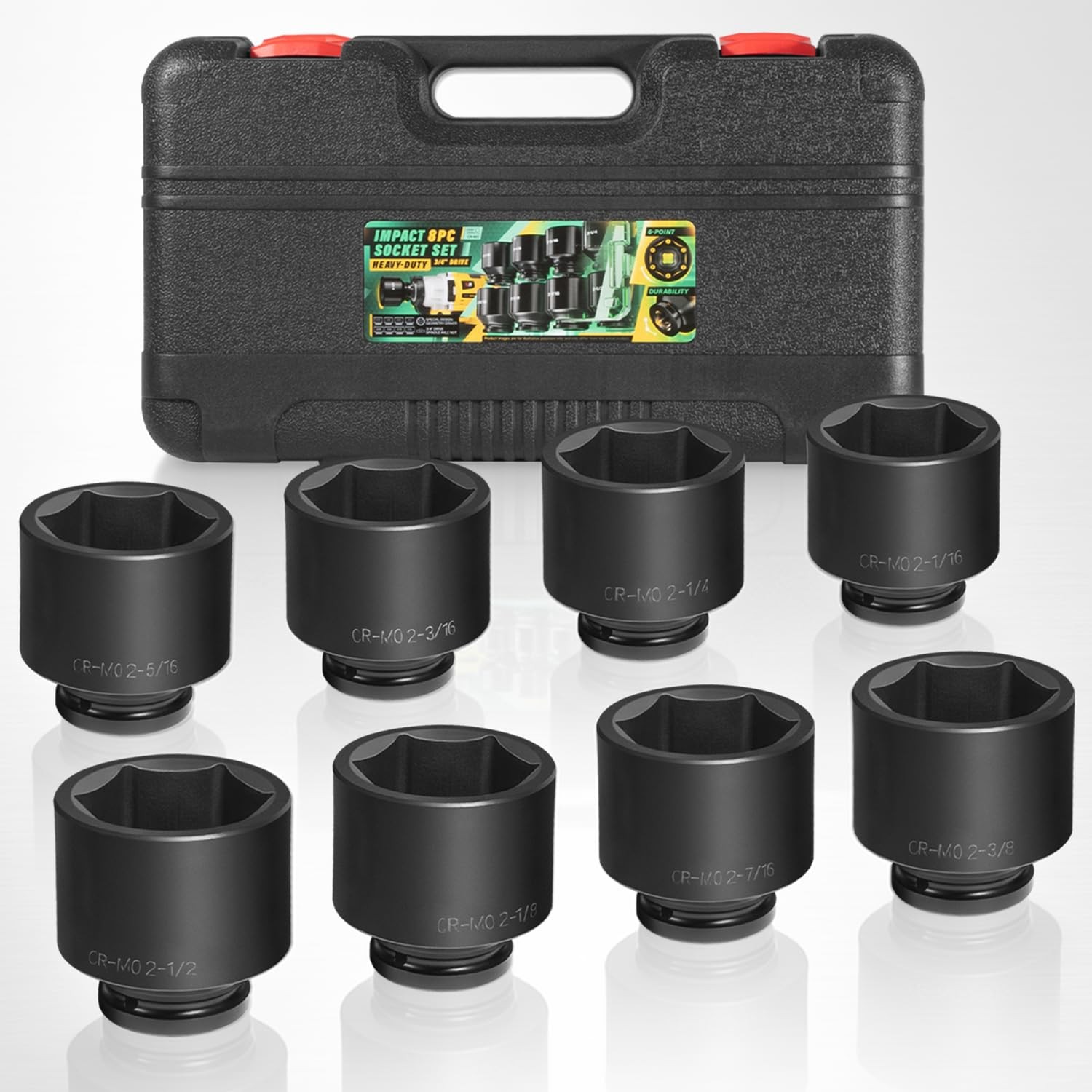 8Pc 3/4Inch Drive Jumbo Deep Large Impact Socket Set 6 Point SAE 2-1/16 to 2-1/2