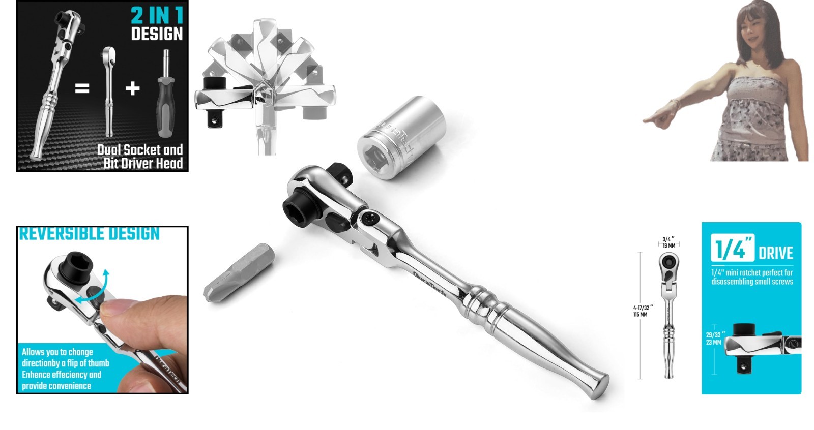Versatile 1/4″ Drive Flex Head Ratchet – 2-in-1 Bit Driver & Mechanic Tool