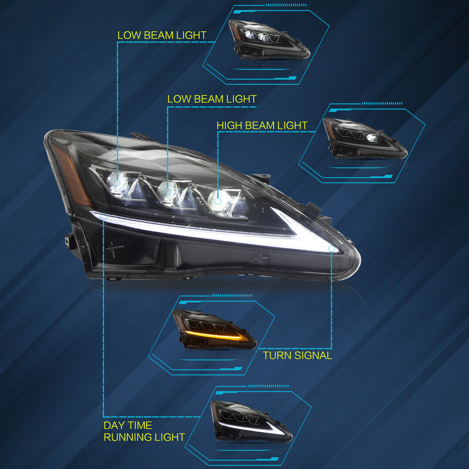 4PCS LED Headlights+Tail Lights For 2006-2013 Lexus IS250 IS350 ISF W/Sequential