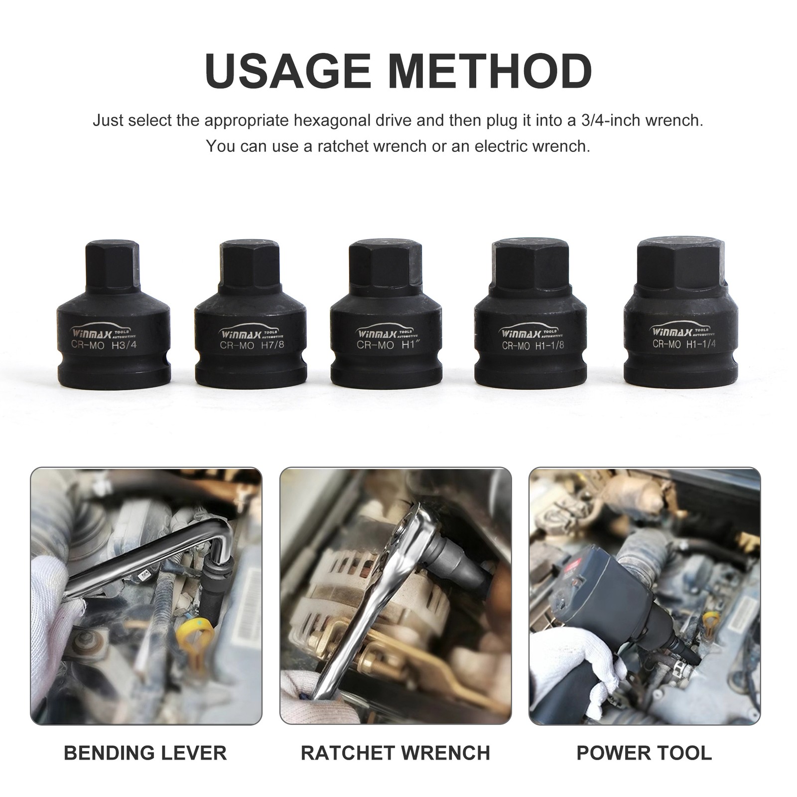 3/4″ Drive Impact Hex Driver Set, 5pc SAE 3/4″ 7/8″ 1″ 1-1/8″ 1-1/4″ Cr-Mo Steel
