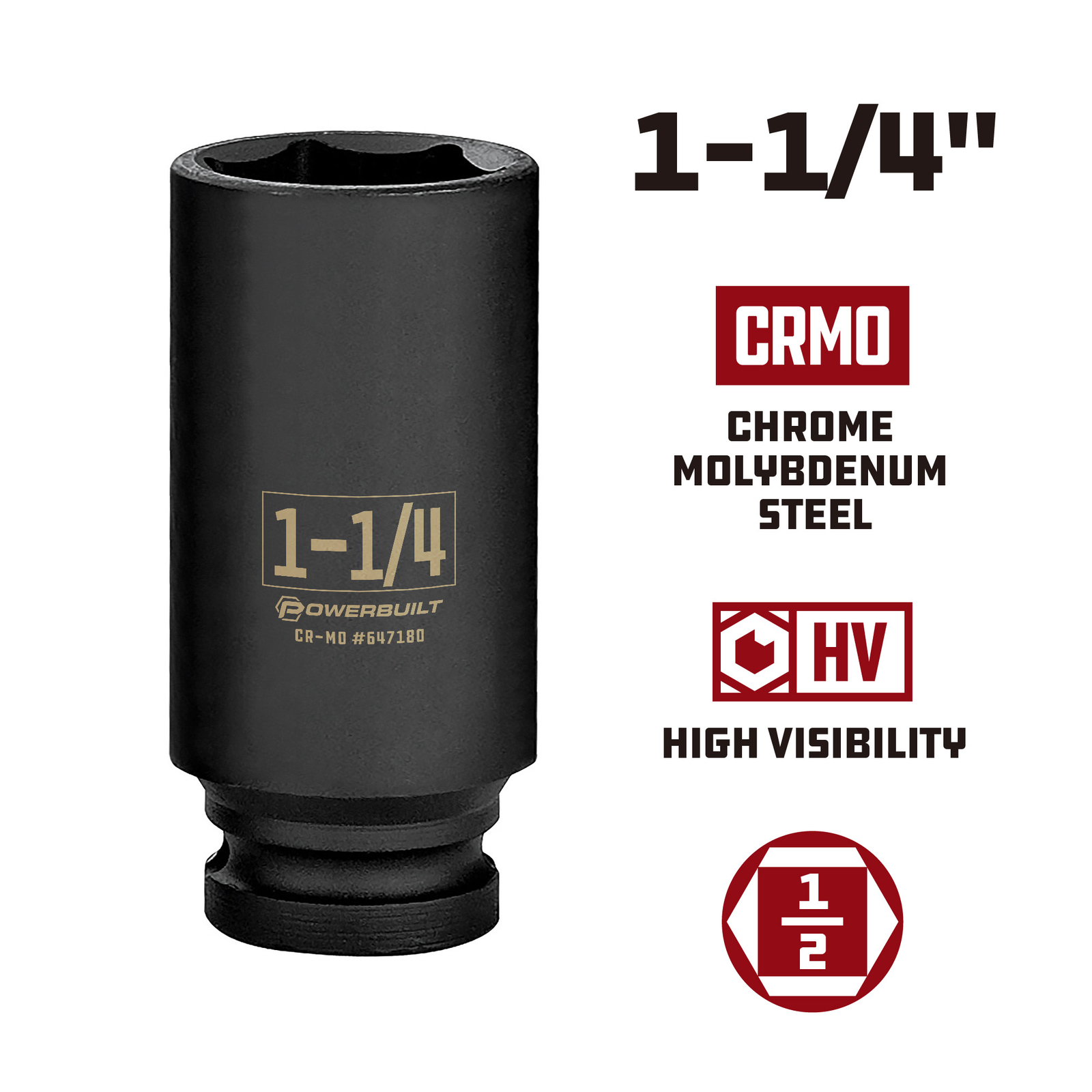 Powerbuilt 1/2 Inch Drive x 1-1/4 Inch 6 Point Deep Impact Socket – 647180