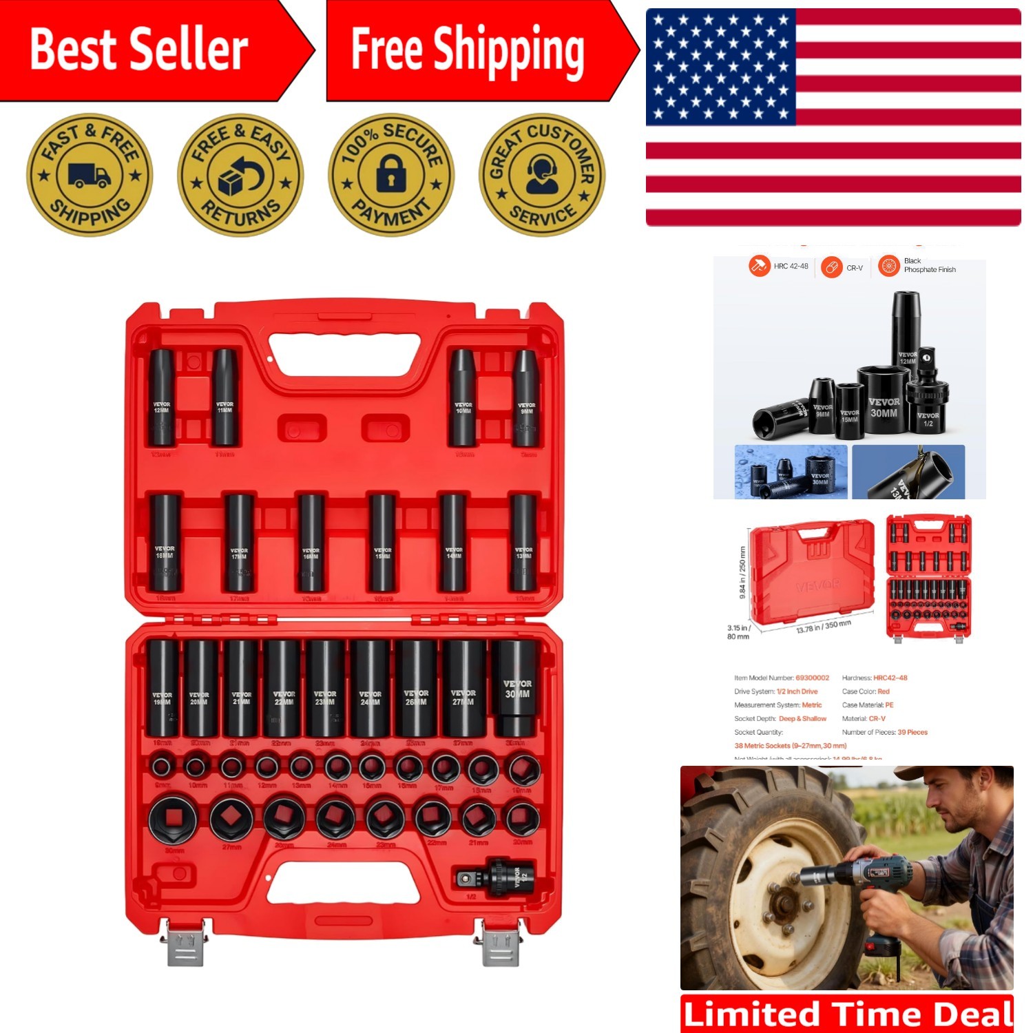 Comprehensive 39-Piece Metric Impact Socket Set | 1/2” Drive | Universal Joint