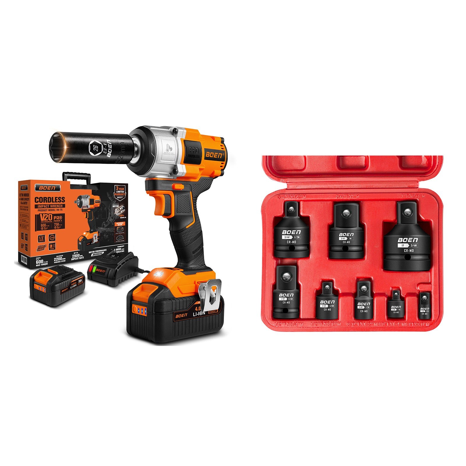 Boen Impact Wrench 1/2 Inch Brushless Electric, With 8 PCS Socket Adapter set，75