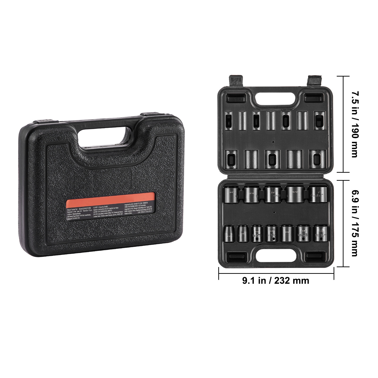 VEVOR Impact Sockets Set 12pcs 6-Point 3/8in Drive Bit Ratchet Tool Kit Case