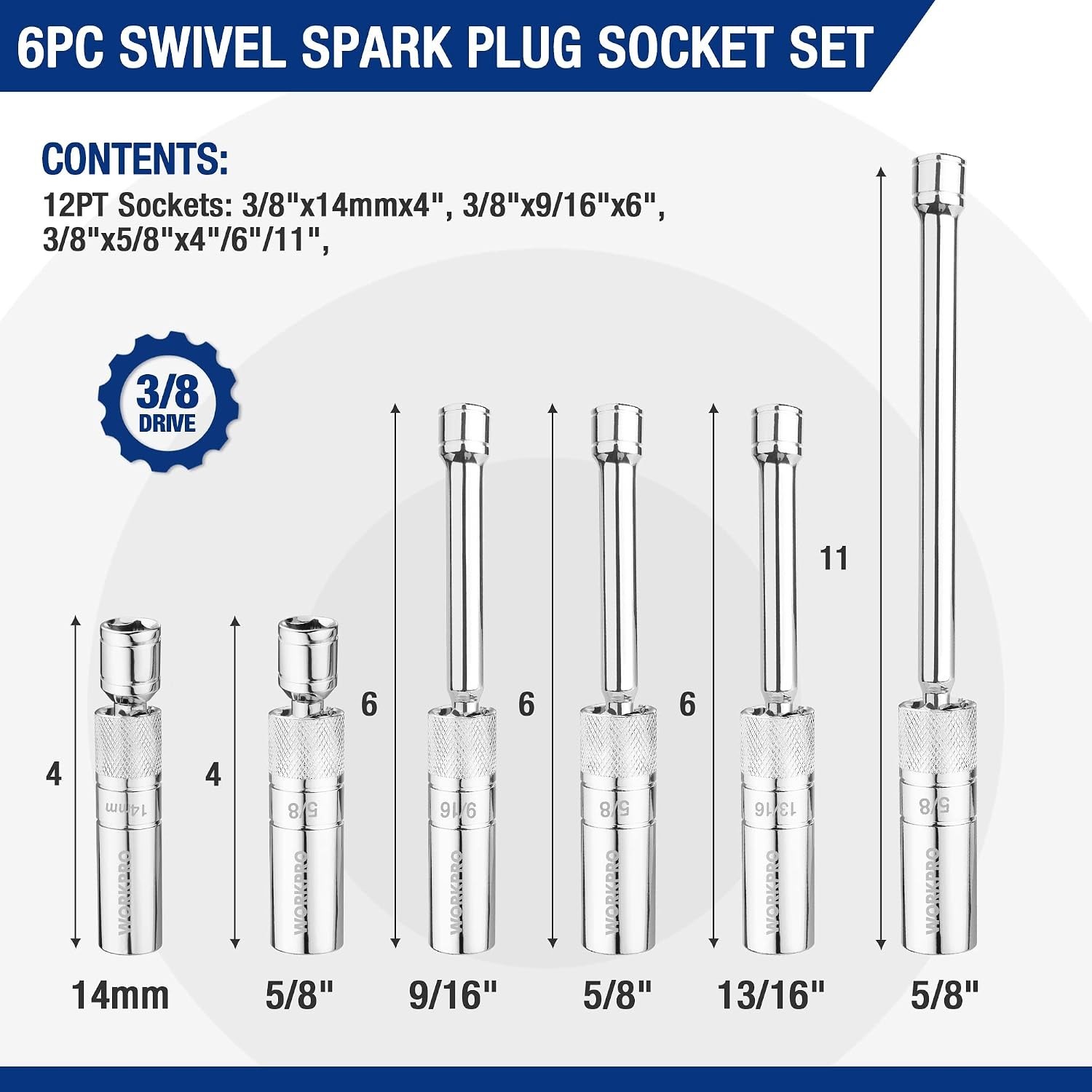6 PC Spark Plug Socket Set, 3/8″ Drive, Magnetic Core