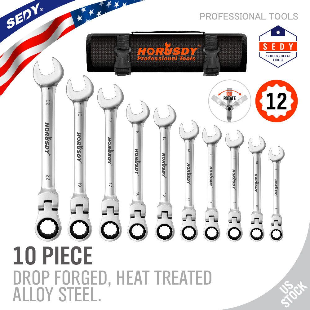 10pcs Flex-Head Ratcheting Combination Wrench Set 8-22mm Duo Metric Portable Bag