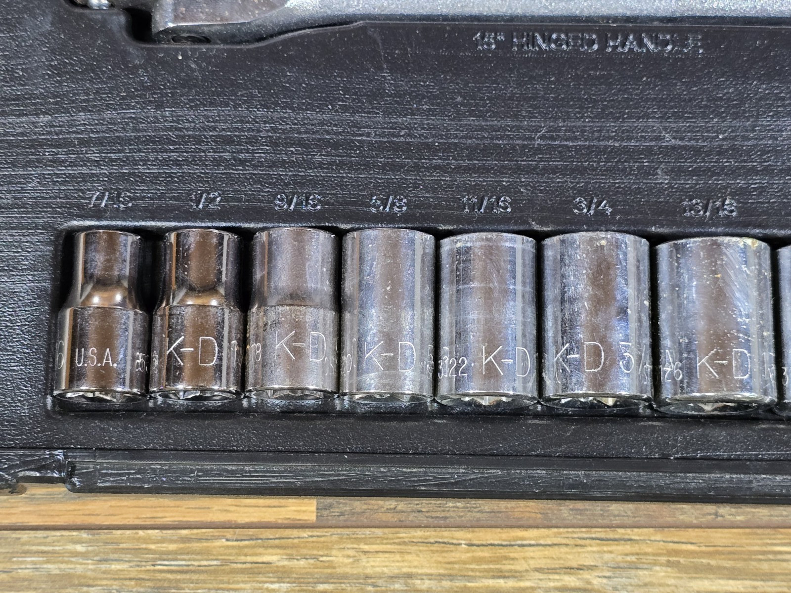 K-D Tools USA 1/2″ Drive Socket Set w/ Ratchet, Extensions, Hinged Handle | 20pc