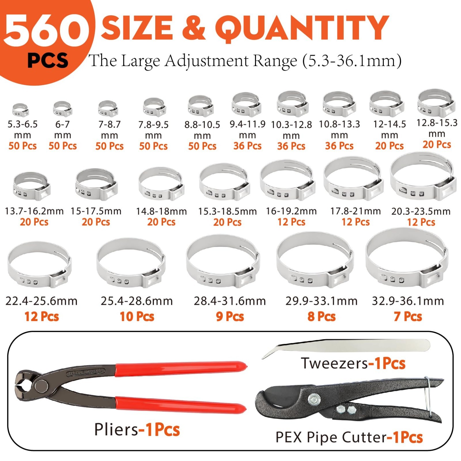 560PCS Stainless Steel Hose Clamps Kit, 22 Sizes 5.3-36.1mm with Pliers for Plum
