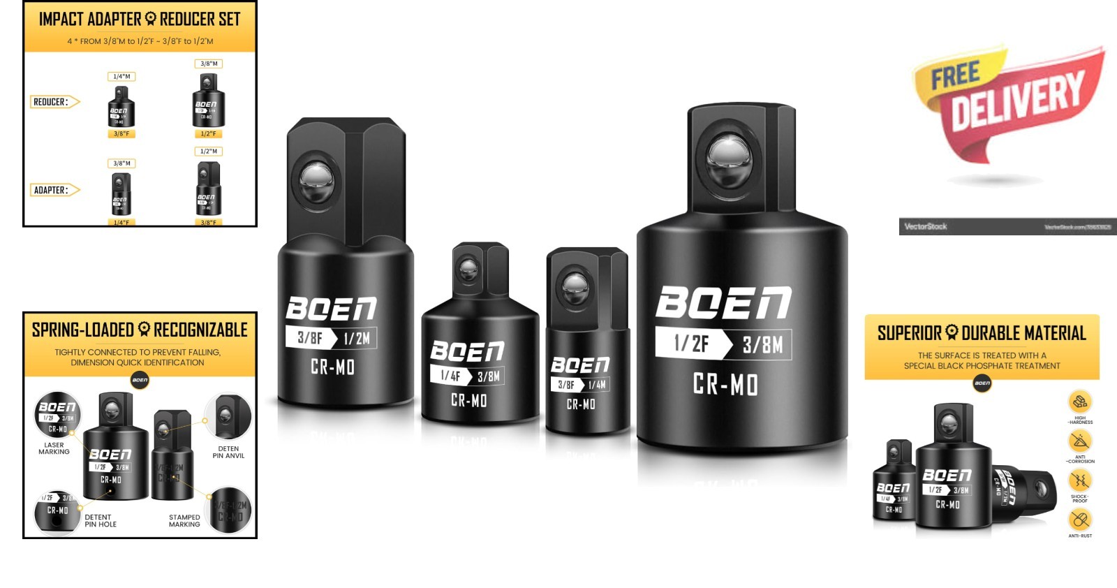 Boen 4-Piece Impact Socket Adapter Set: Durable Cr-Mo Steel for Automotive Use