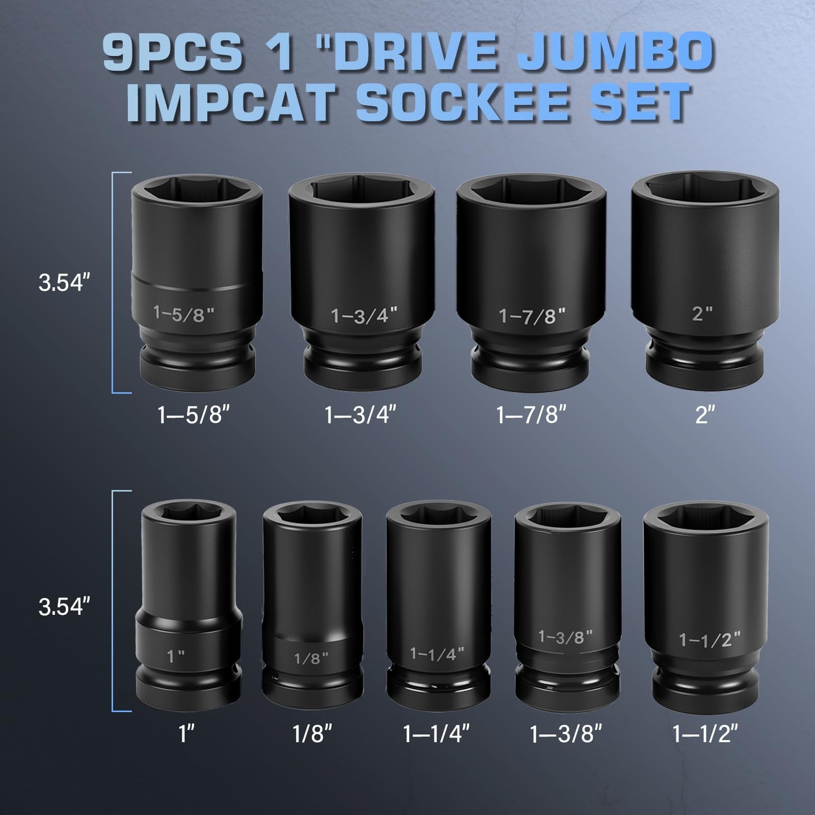 9Pc SAE Jumbo Impact Socket Set 1″ Drive, 6-Point CR-MO, Adapter & Red Case