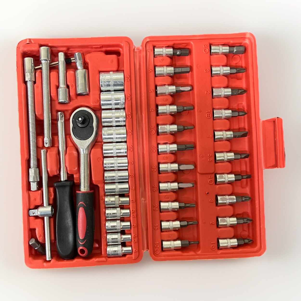 46 Piece Socket Set 21 Bits 13 Sockets 3 Wrenches w Extension Bars & More Pop