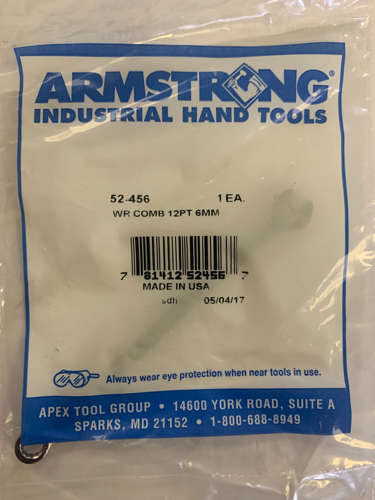 ARMSTRONG 52-456 6MM 12-POINT SATIN FINISH LONG COMBINATION WRENCH 52456