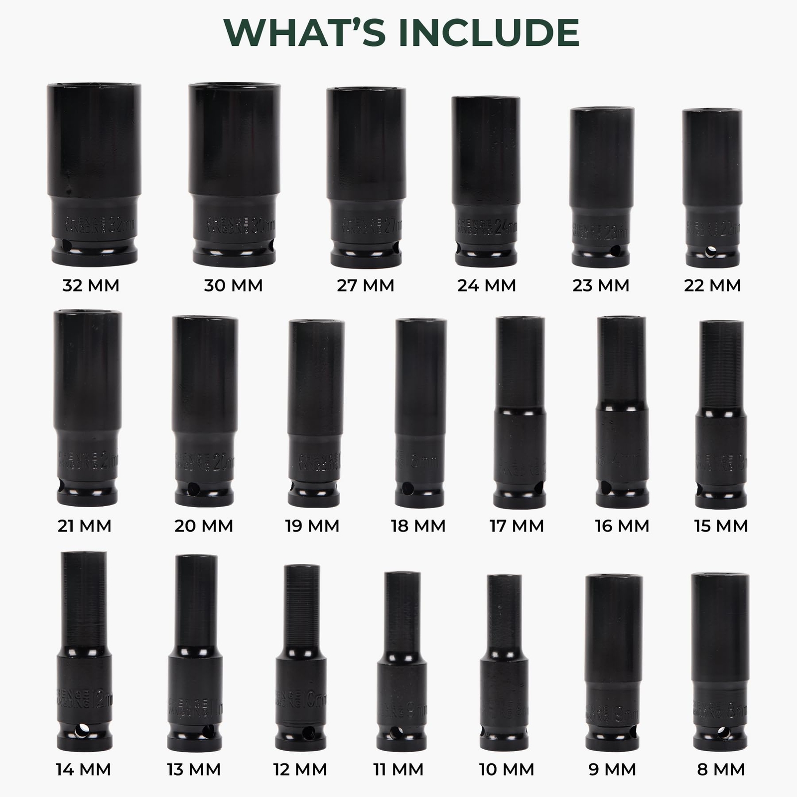 20Pcs 1/2″ Drive Impact Socket Set Standard Metric Sizes(8-32mmm) Tools Kit