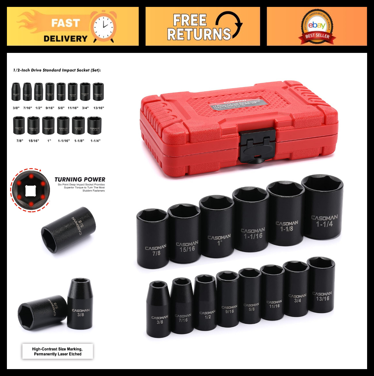 14-Piece 1/2″ Drive Shallow Impact Socket Set, 6-Point, SAE Sizes 3/8″ to 1-1/4