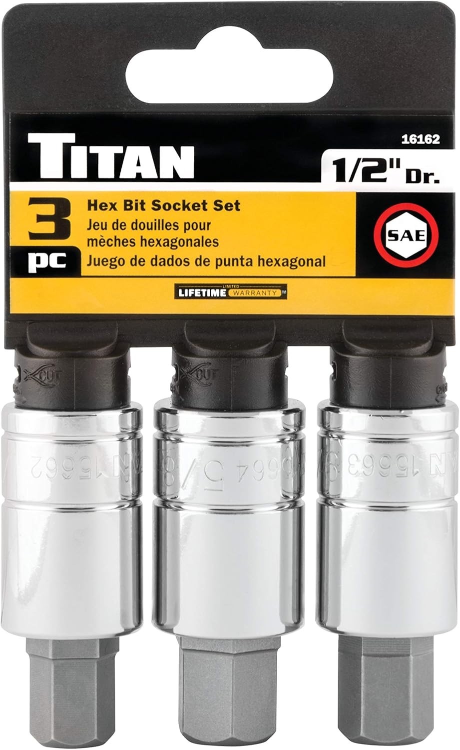 Titan Tools 16162 1/2-Inch Drive 3-Piece SAE Large Hex Bit Socket Set