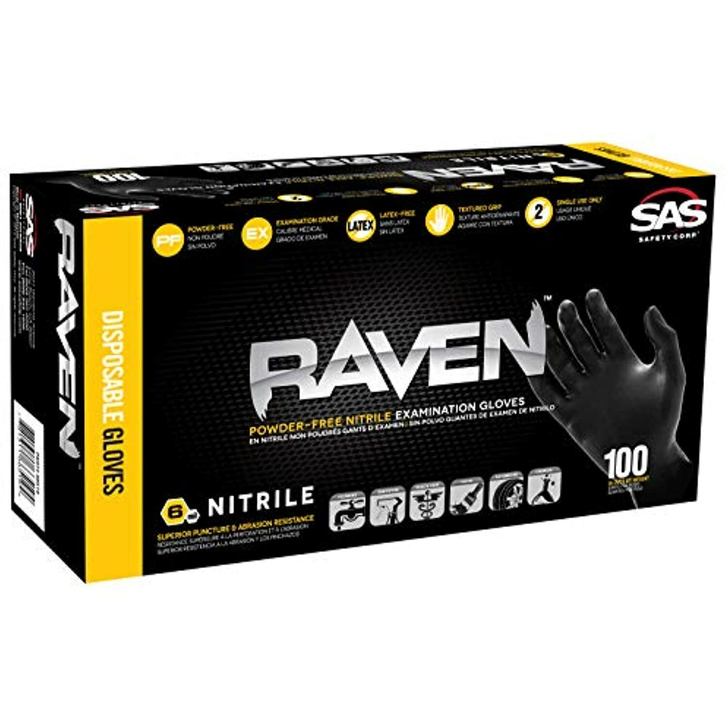 SAS Safety 66516 Raven Powder-Free Nitrile Gloves, Small, 100 Pack , Black