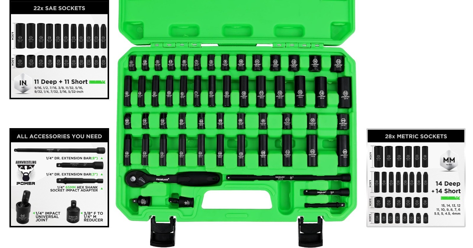 SWANLAKE 56-Piece 1/4″ Drive Impact Socket Set SAE & Metric, Cr-V, 6-Point