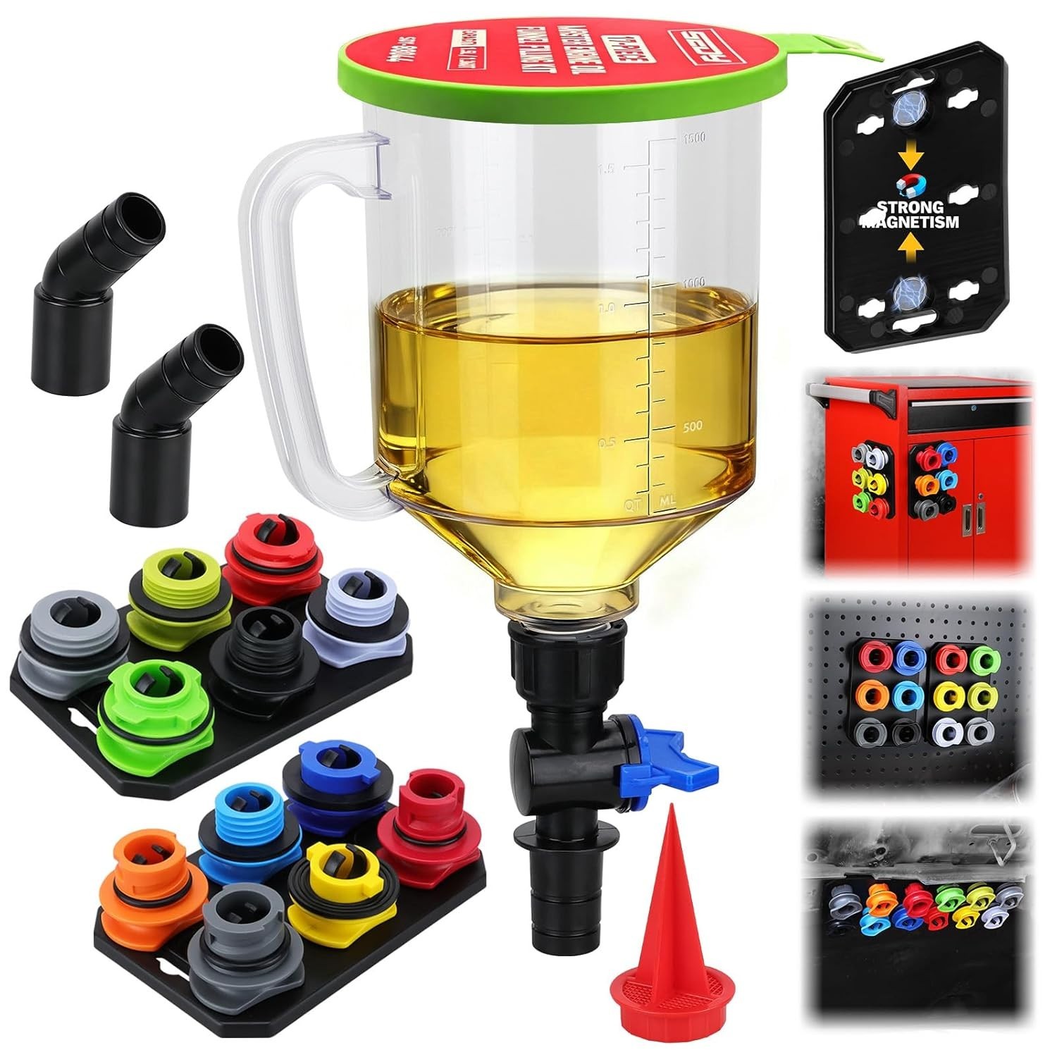 18-Piece Automotive Engine Oil Funnel Kit 1.5L 12 Adapters 2 Magnetic Trays
