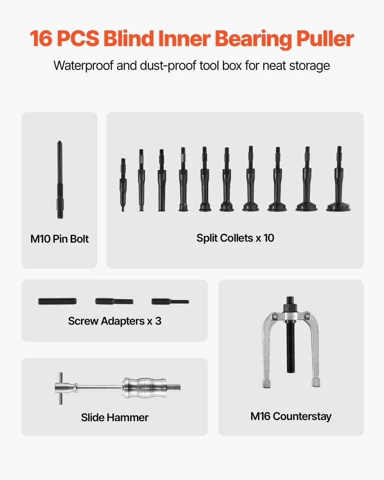 16pcs Blind Hole Bearing Puller Internal Extractor Remover Slide Hammer