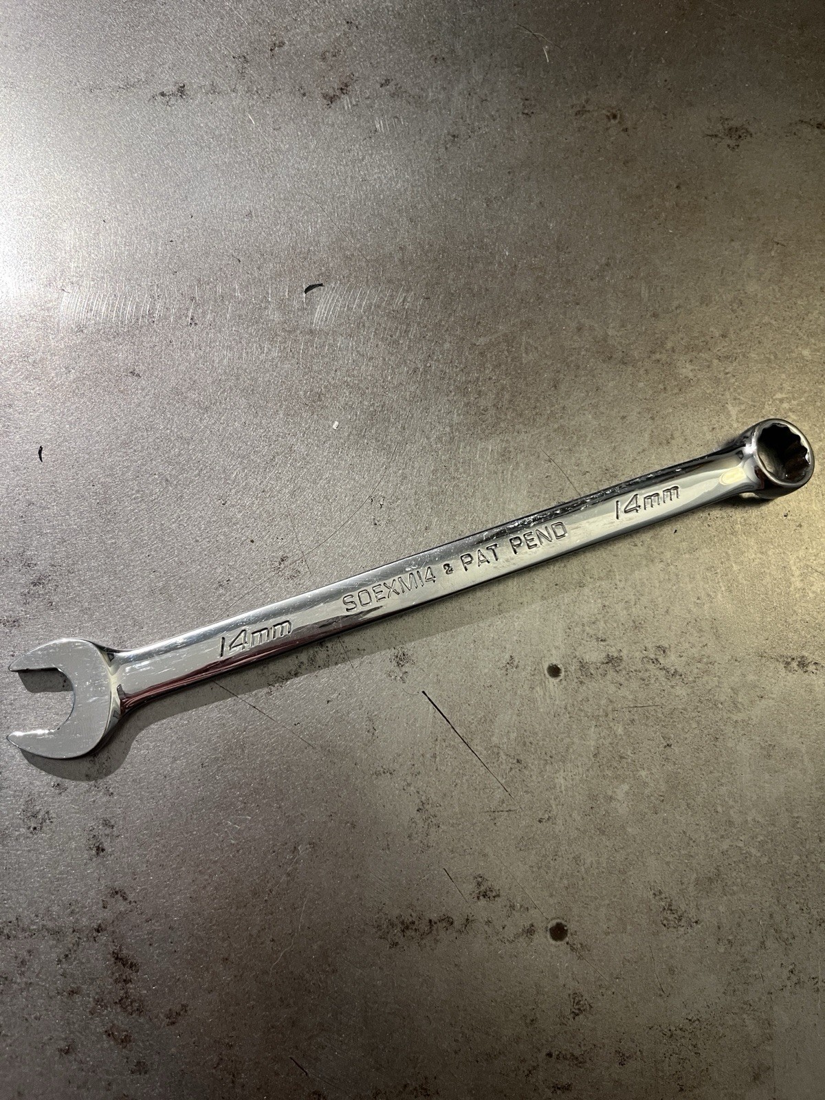 Snap-on SOEXM14 14 mm Flank Drive combination wrench.