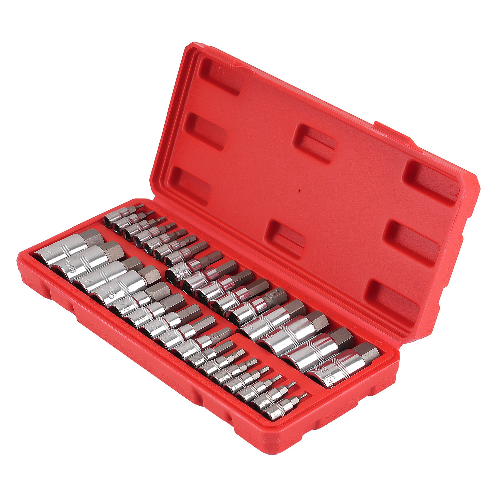 32pc Hex Bit Socket Set 1/4 3/8 1/2 Drive Metric Imperial S2 Chrome