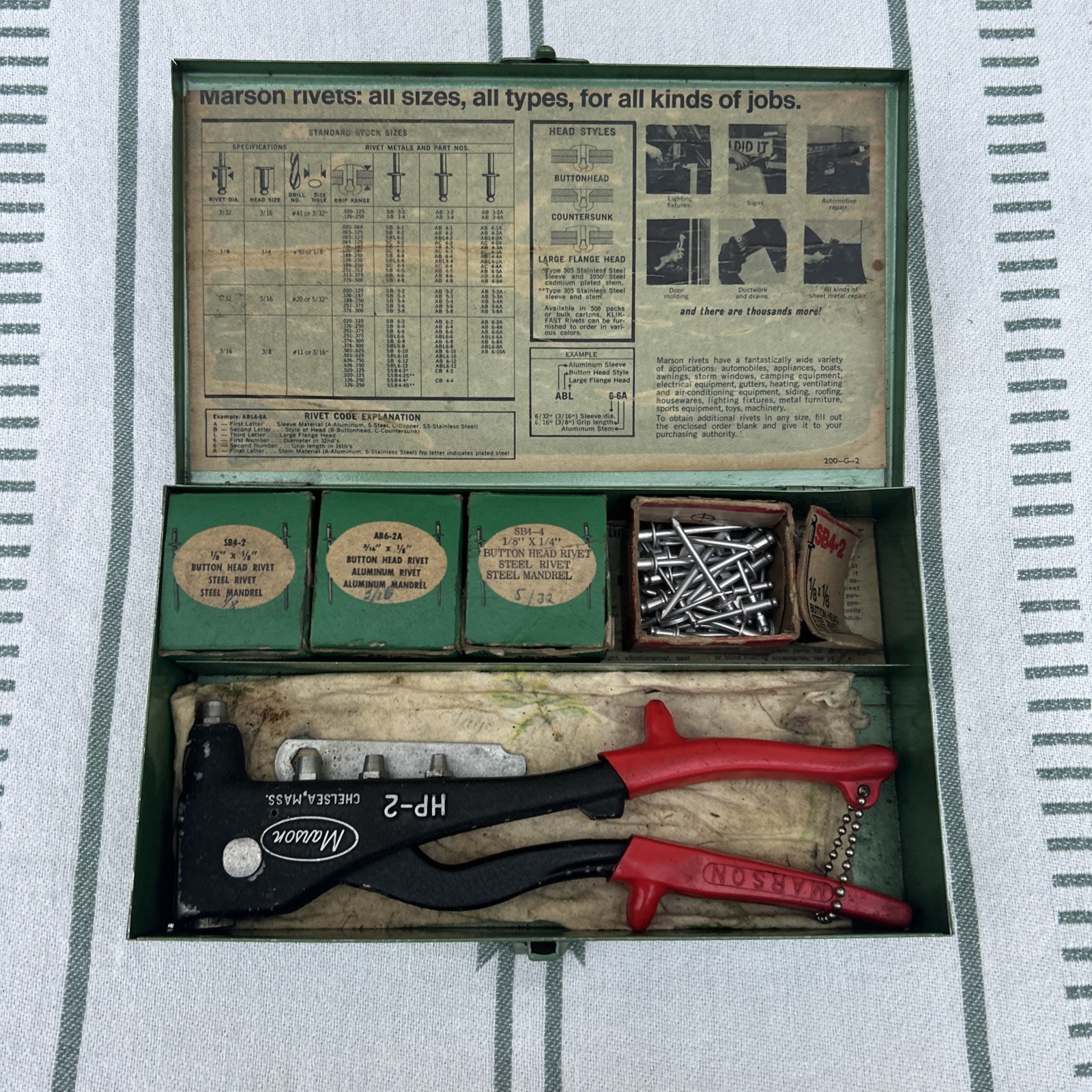 Marson Rivet Tool HP-2 No 200 Kit Riveter Klik-Fast Metal Box Rivets Instruction