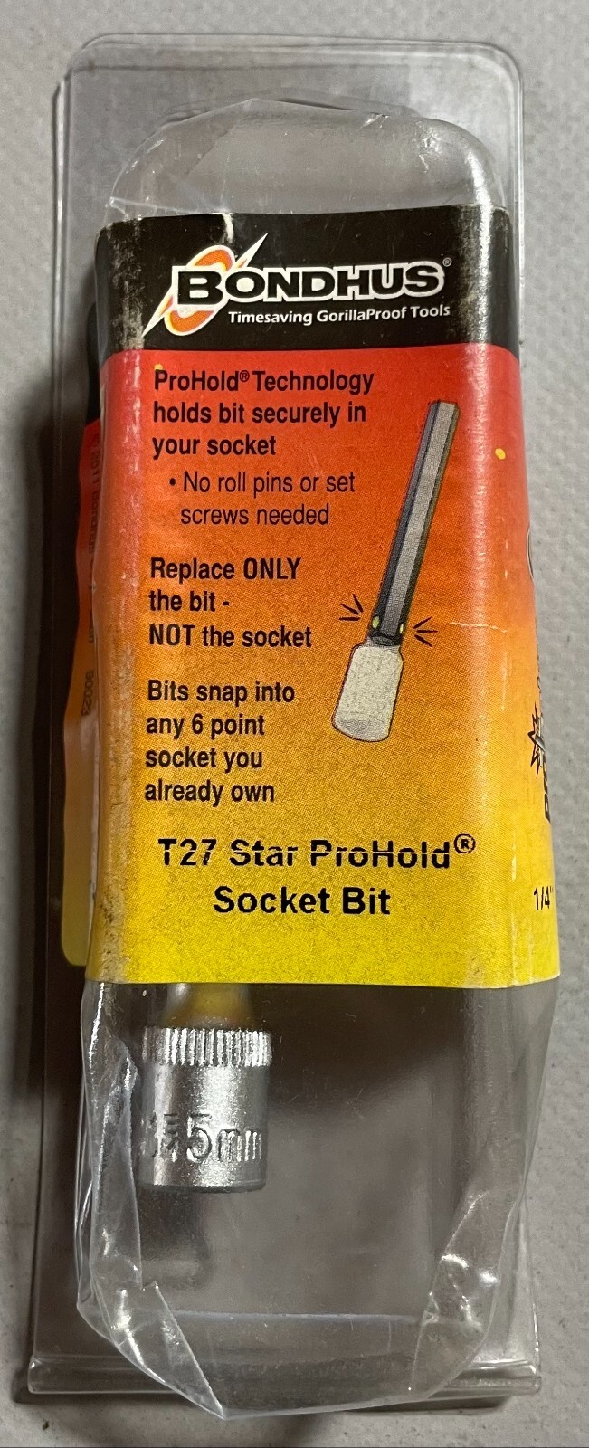 Bondhus 44027 T27 Star ProHold Socket Bit 2″ Length 1/4″ Drive Size