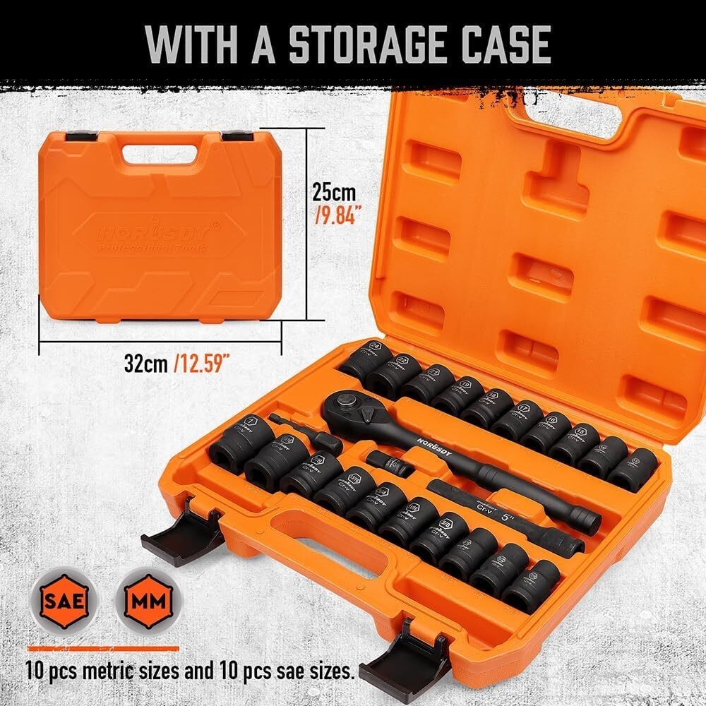 1/2″ Drive Impact Socket Set 24-Piece Shallow Standard SAE & Metric Size 6 Point