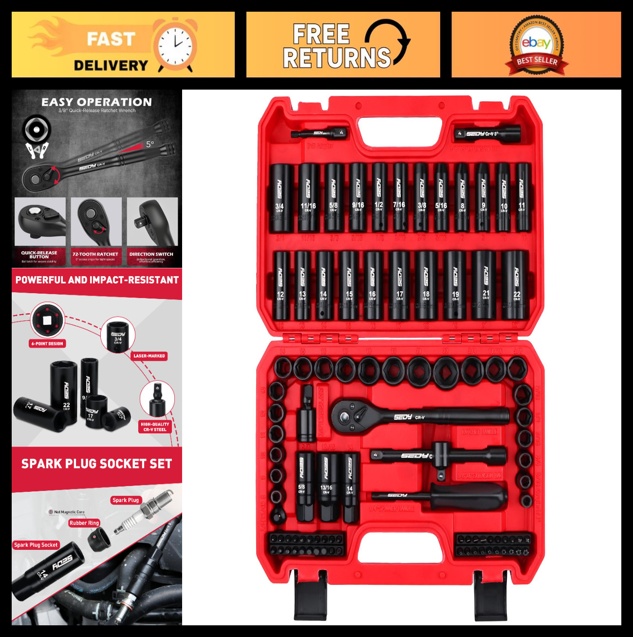 96-Piece Impact Socket Set 3/8″ Drive – SAE & Metric Sockets, Ratchet, Bits & Ad