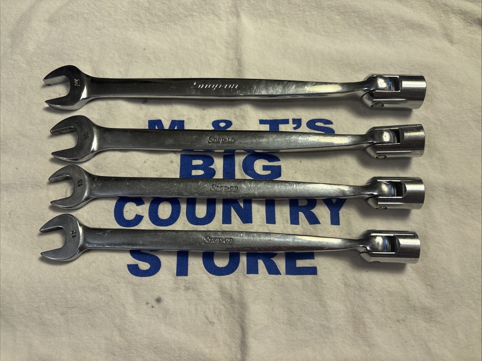 Snap-on 12 13 14 15MM Metric 12pt Swivel Flex Head/Open End Combo Wrench Set