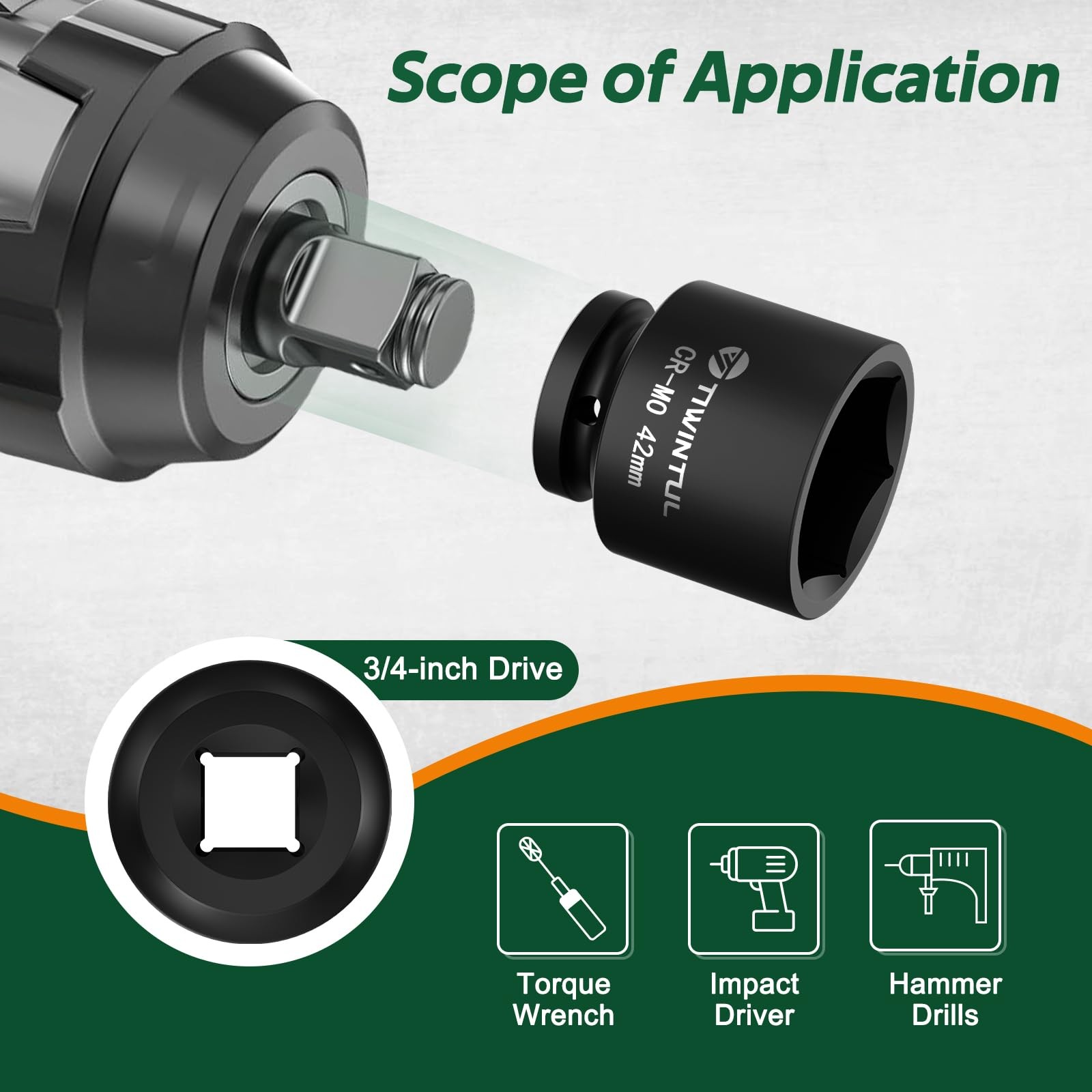 TIWINTUL 3/4 Inch Drive Metric Impact Socket 42mm, 6-Point 42mm (Standard)