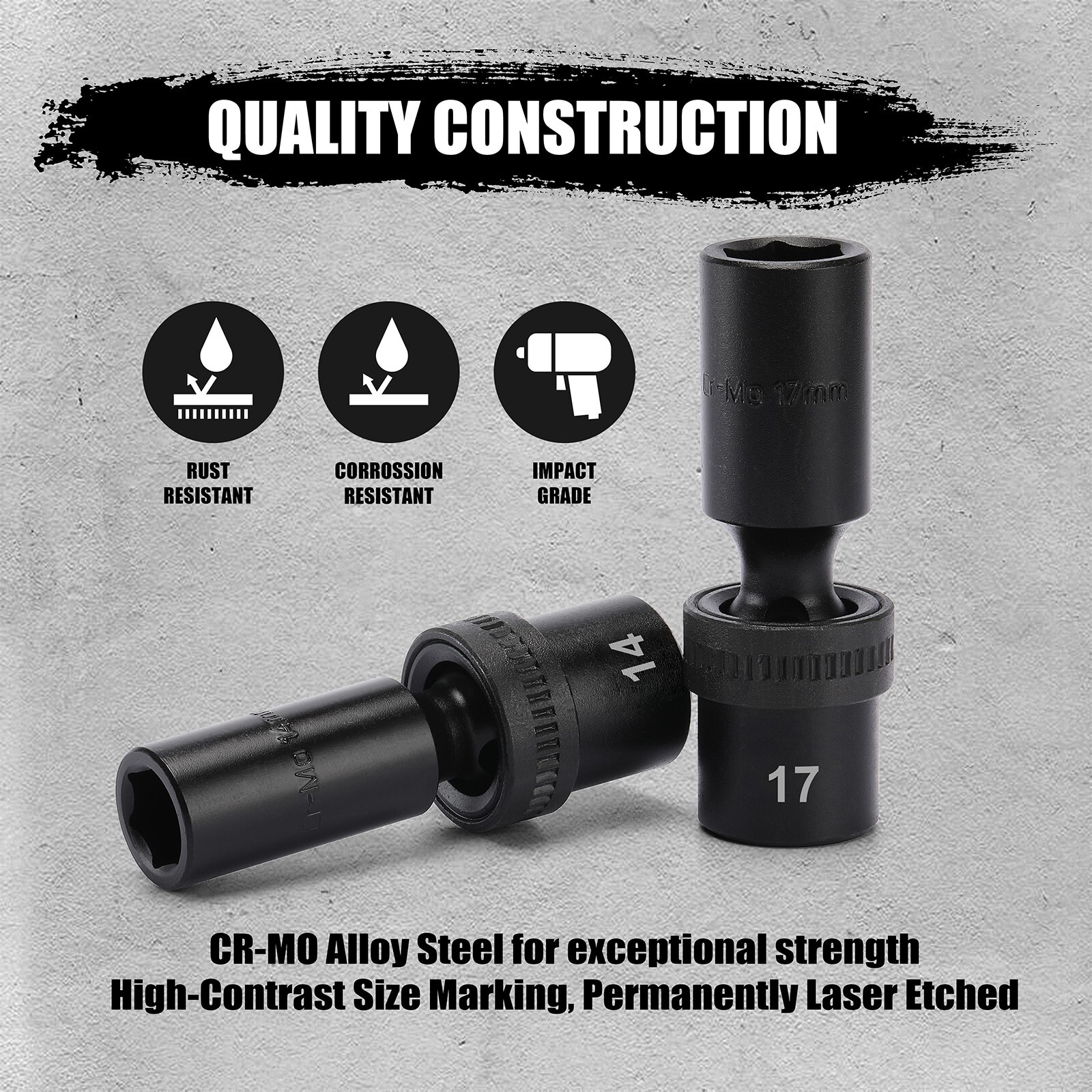 10 Piece 1/2″Drive 6 Point Universal Deep Impact Socket Set, Metric, 10mm – 19mm