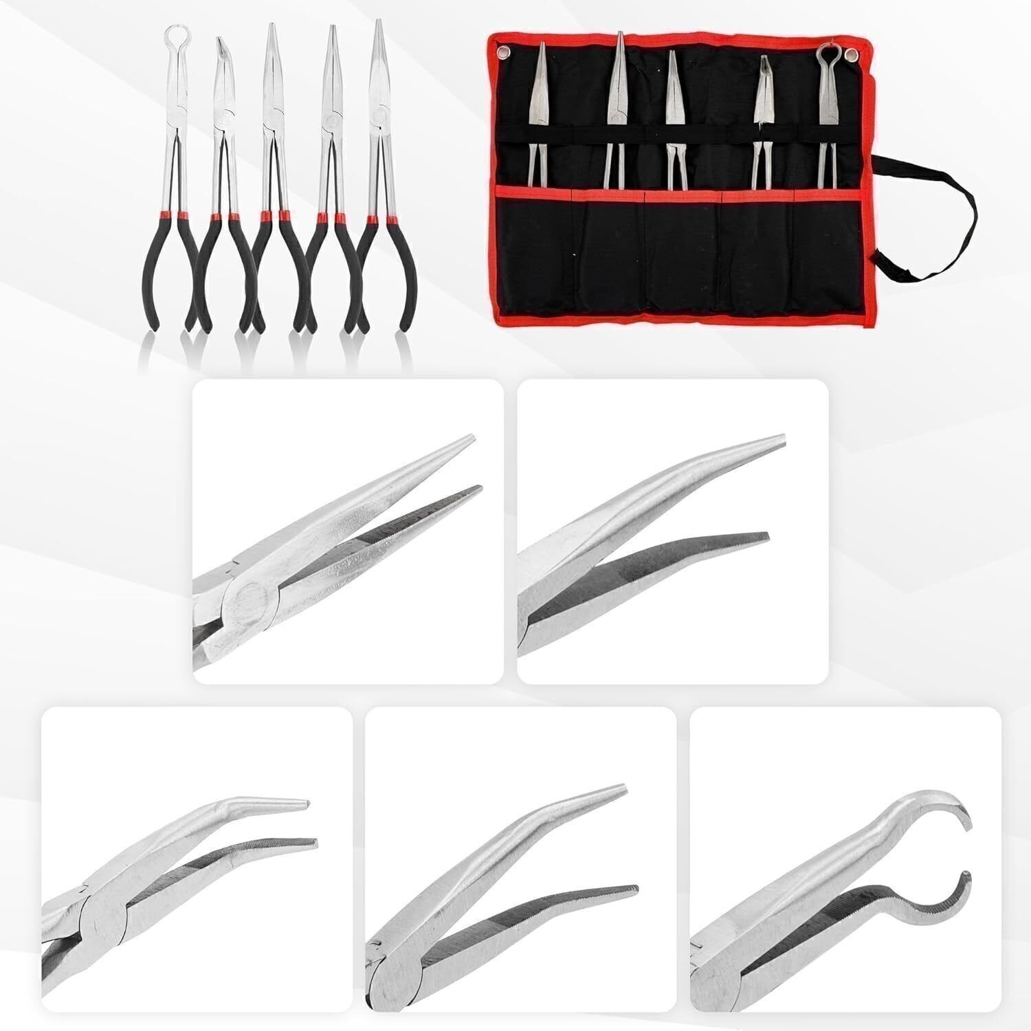 5Pack 11Inch Long Needle Bent Nose Pliers Set Extended Reach Tools Curved Pliers